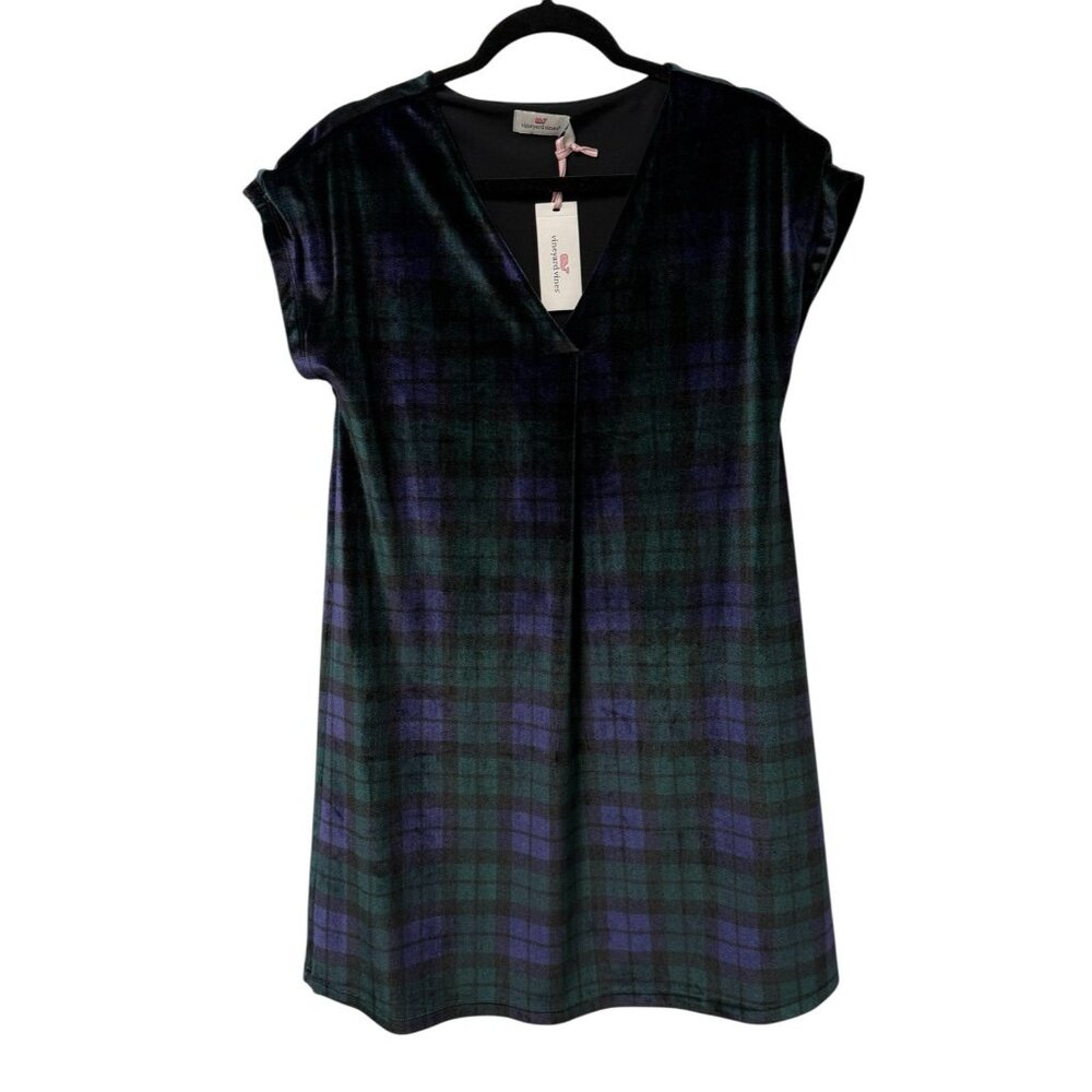 VINEYARD VINES VELVET DRESS BLACKWATCH PLAID SIZE XS V-NECK PREPPY DARK ACADEMIA